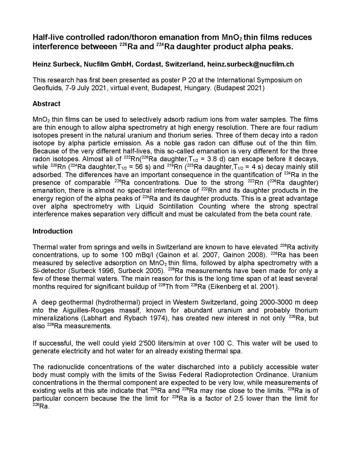 "Half-live controlled radon/thoron emanation from MnO2 thin films reduces interference betweeen 226Ra and 224Ra daughter product alpha peaks"